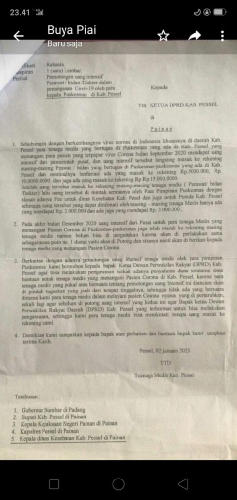 Surat mengatasnamakan tenaga medis Pessel