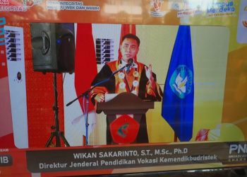 Dirjen Pendidikan Vokasi Kemendikbudristek Wikan Sakarinto saat memberikan sambutan acara Rapat Senat Terbuka PNP ke XXXIV.