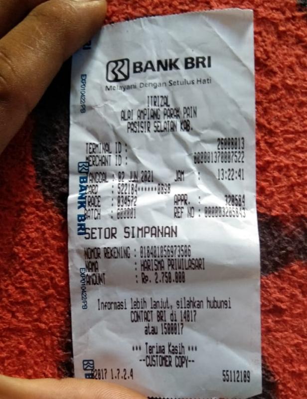 Bukti transfer korban kepada pelaku catut nama Kapolres Pessel