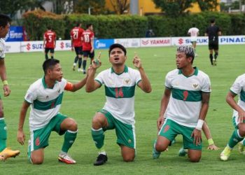 Selebrasi pemain Indonesia usai cetak gol ke gawang Laos