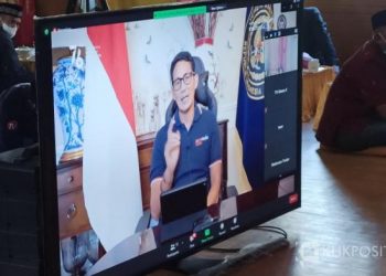 Menteri Pariwisata dan Ekonomi Kreatif, Sandiaga Salahuddin Uno saat menyampaikan pidato nya secara virtual dalam acara penobatan Tuanku Bosa Talu XV