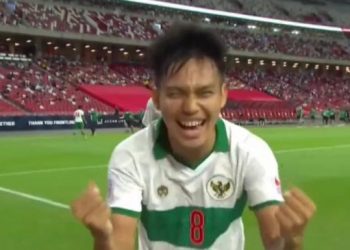 Selebrasi Witan Sulaeman usai mencetak gol ke gawang Singapura