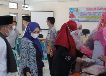 Ketua Dekranasda Sumbar, Hj.Harnelli saat melakukan identifikasi produk IKM Kota Solok.(Prokomp)