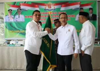 Salam komando, Ketua Kadin Kota Solok terpilih, Tamron saat menerima pataka kepengurusan.(Ist)