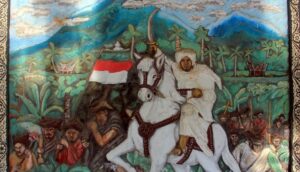 lukisan marmer yang menggambarkan Tuanku Imam Bonjol sedang mengendarai kuda dalam peperangan.