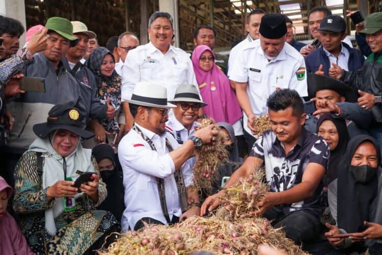 Mentan Syahrul Yasin Limpo bersama Bupati Solok, H. Epyardi Asda saat meninjau produksi bawang di daerah Sungai Nanam.(Ist)