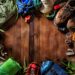 Top view camping and hiking travel and hiking gear, equipment and accessories for mountain trips. Items making a frame with copy spece