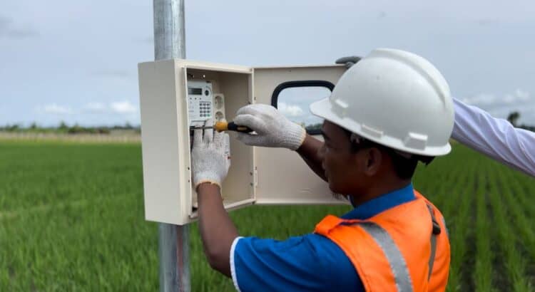 Petugas PLN ketika memastikan keandalan infrastruktur kelistrikan untuk pertanian di Ponorogo, Jawa Timur.