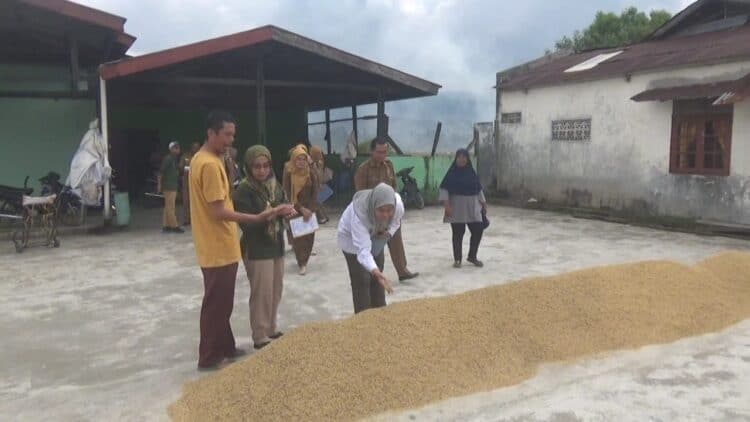 Petugas Dinas Pangan Kota Solok melakukan pemeriksaan proses produksi beras di salah satu usaha penggilingan padi di Kota Solok.(Ist)