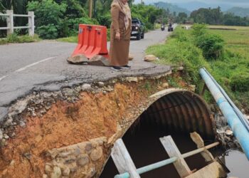 Kabid Bina Marga, Dinas PUPR Pessel, Fharesi Eka Siska saat meninjau kondisi jembatan di SMAN 2 Bayang