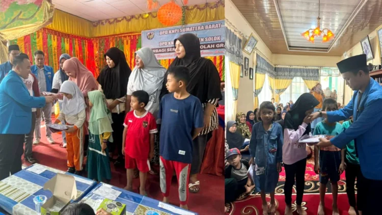 Ketua DPD KNPI Sumbar, Nanda Satria (kiri) dan Ketua KNPI Kabupaten Solok, Arif Firman Bachtas menyerahkan bantuan seragam sekolah gratis di tiga Nagari Kabupaten Solok.(Ist)