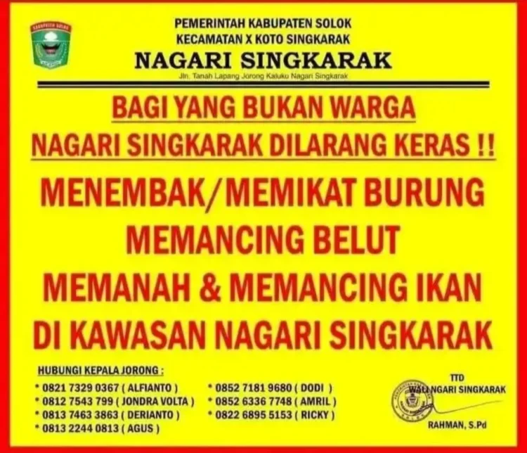 Tangkapan layar desain pengumuman pelarangan mancing bagi warga luar Nagari Singkarak yang beredar di media sosial.(Ist)