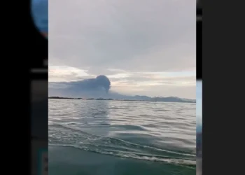 Penampakan bubungan asap kebakaran pabrik karet PT Teluk Luas mebubung ke tinggi ke udara, yang diambil dari tengah laut