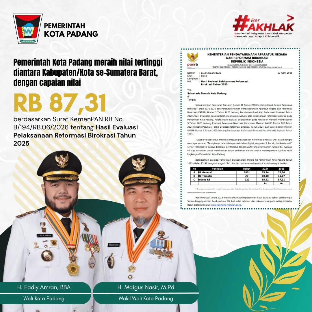 Pemko Padang Raih Indeks Reformasi Birokrasi Tertinggi di Sumbar, Fadly Amran Tegaskan Komitmen Wujudkan Birokrasi Adaptif dan Melayani