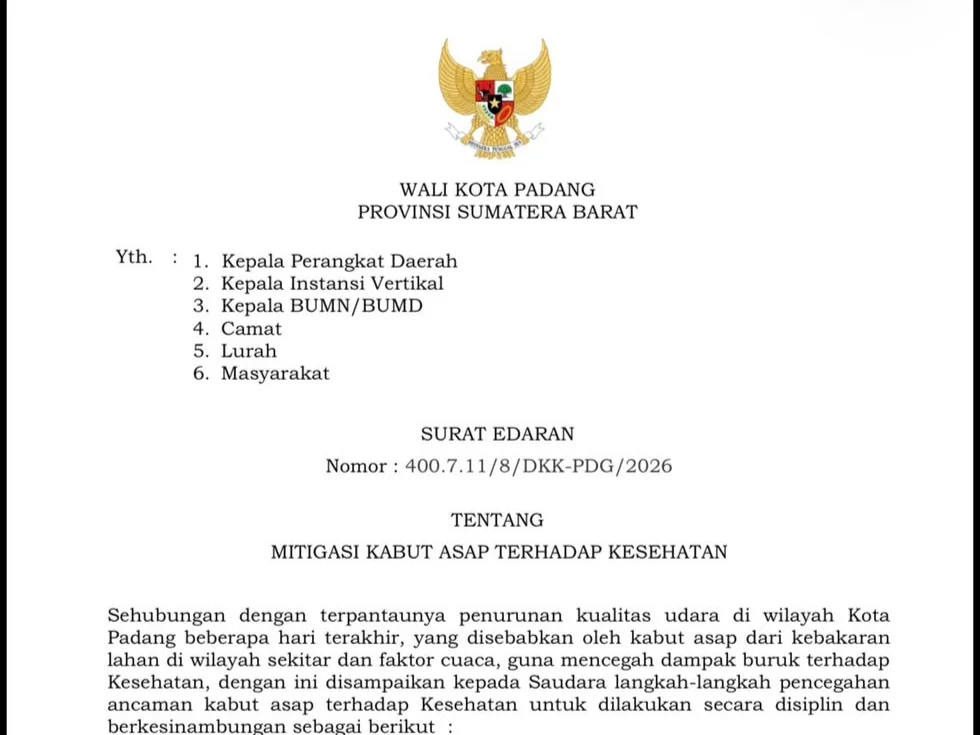 Wako Fadly Amran Terbitkan Surat Edaran Mitigasi Kabut Asap, Warga Padang Diminta Waspada