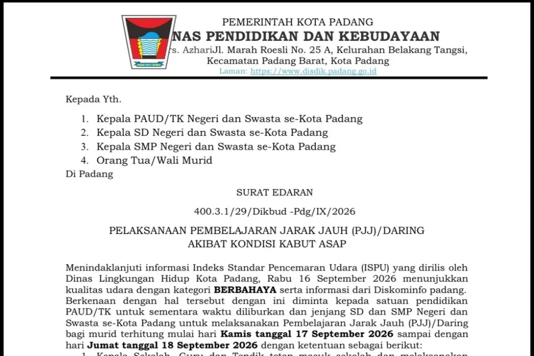 Dinas Pendidikan dan Kebudayaan Kota Padang Berlakukan PJJ 17-18 September 2026 Akibat Kabut Asap